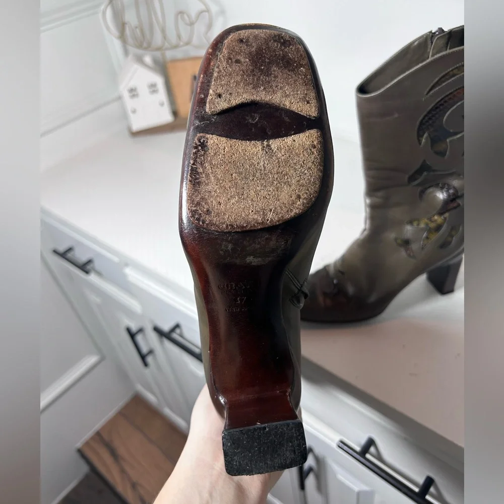 Vintage Graye Leather Western Boots 6.5/7 Y2K Heeled Cowboy Boots Cutout Detail - Picture 6 of 8
